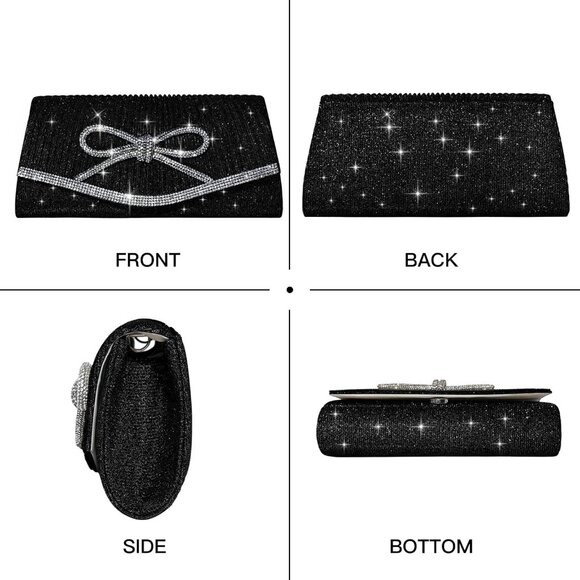 Women Bow Black Imported Magnetic Purse Rhinestone Envelope Party Handbag - Picture 3 of 6